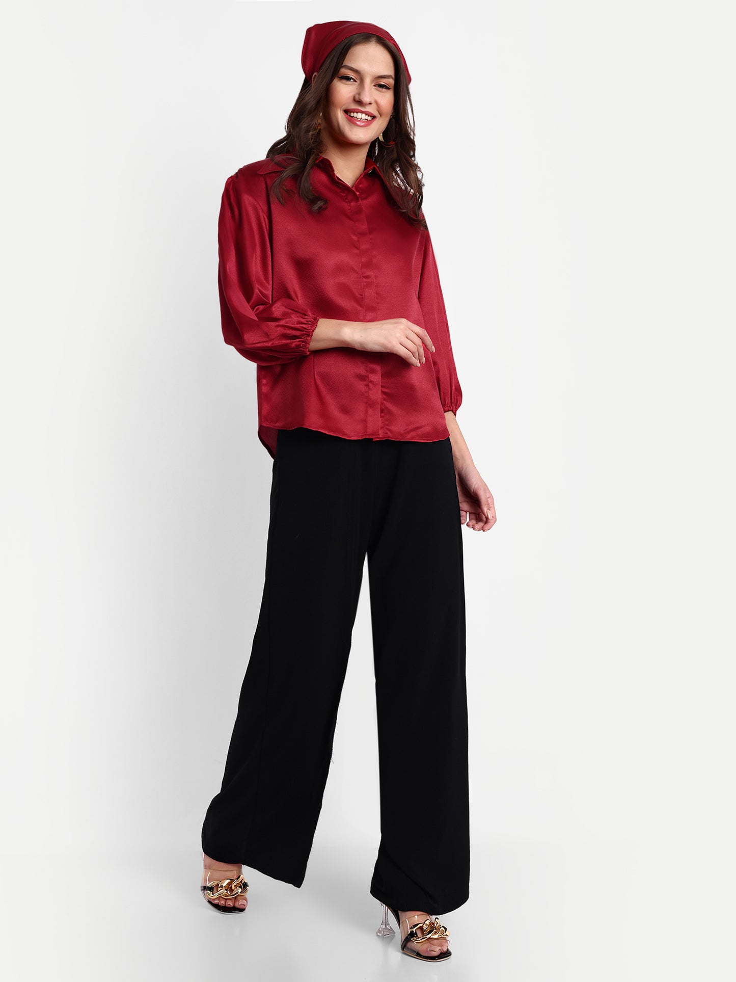 Essque Red Solid Satin Bishop Sleeves Shirt