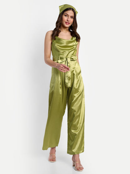 Essque Olive Green Solid Satin Cowl Neck Jumpsuit