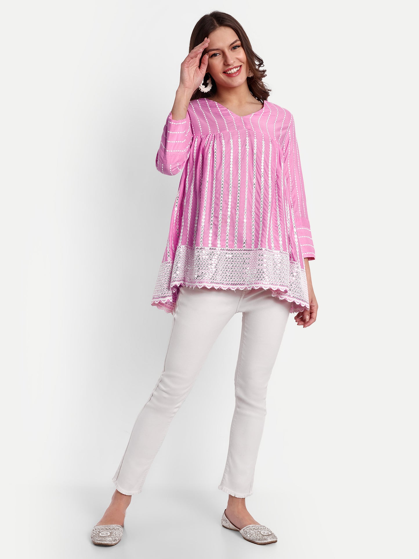 Essque Pink Embroidered Mirror work A-Line Top