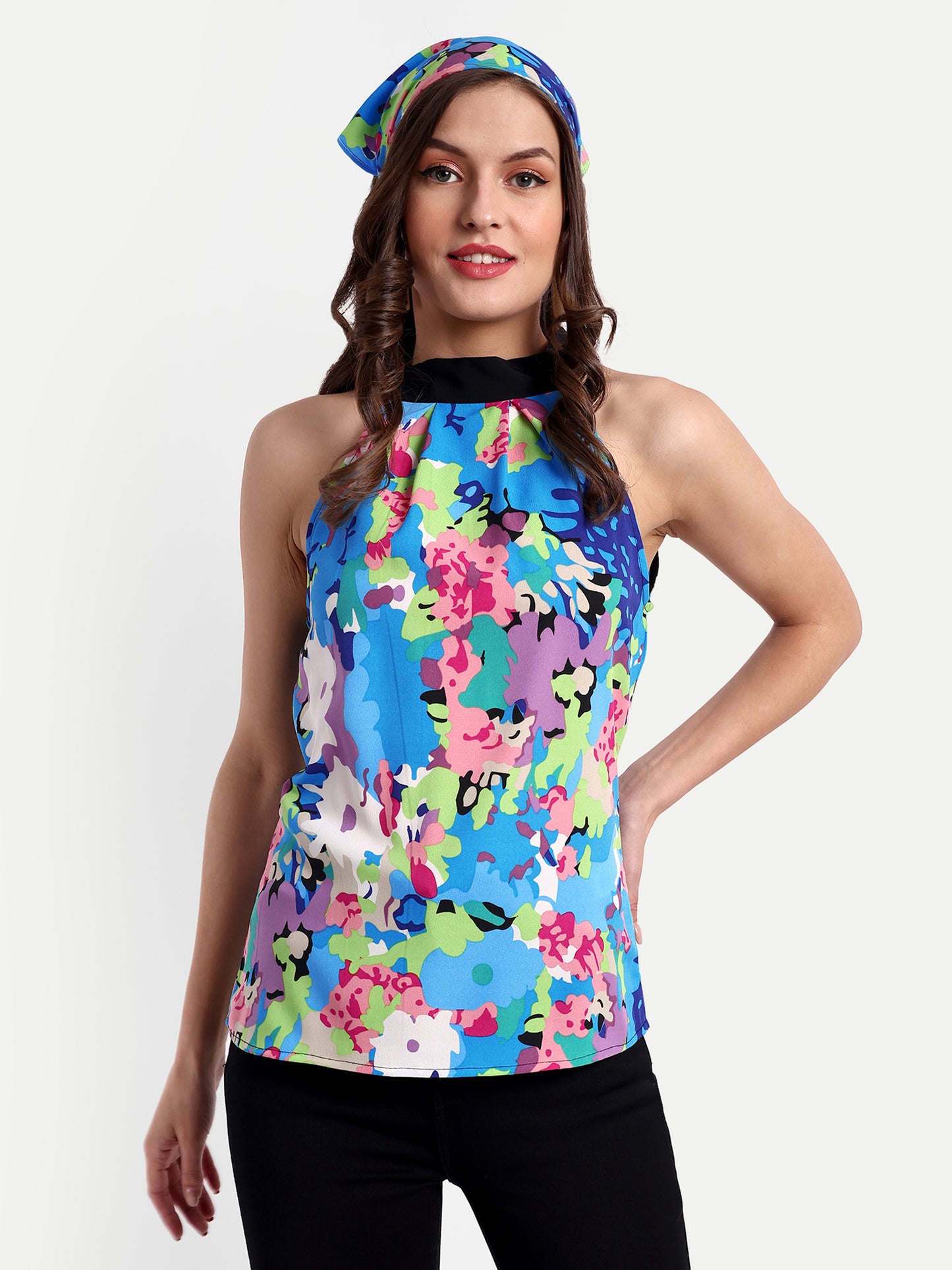 Essque Blue abstract print halter neck Top