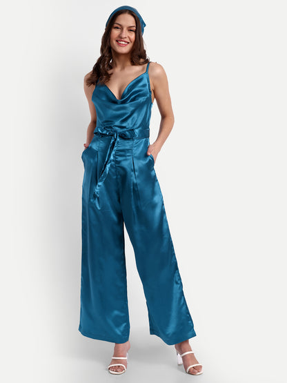 Essque Blue Solid Satin Cowl Neck Jumpsuit