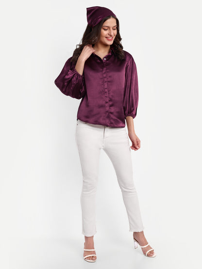 Essque Wine Solid Satin Bishop Sleeves Shirt