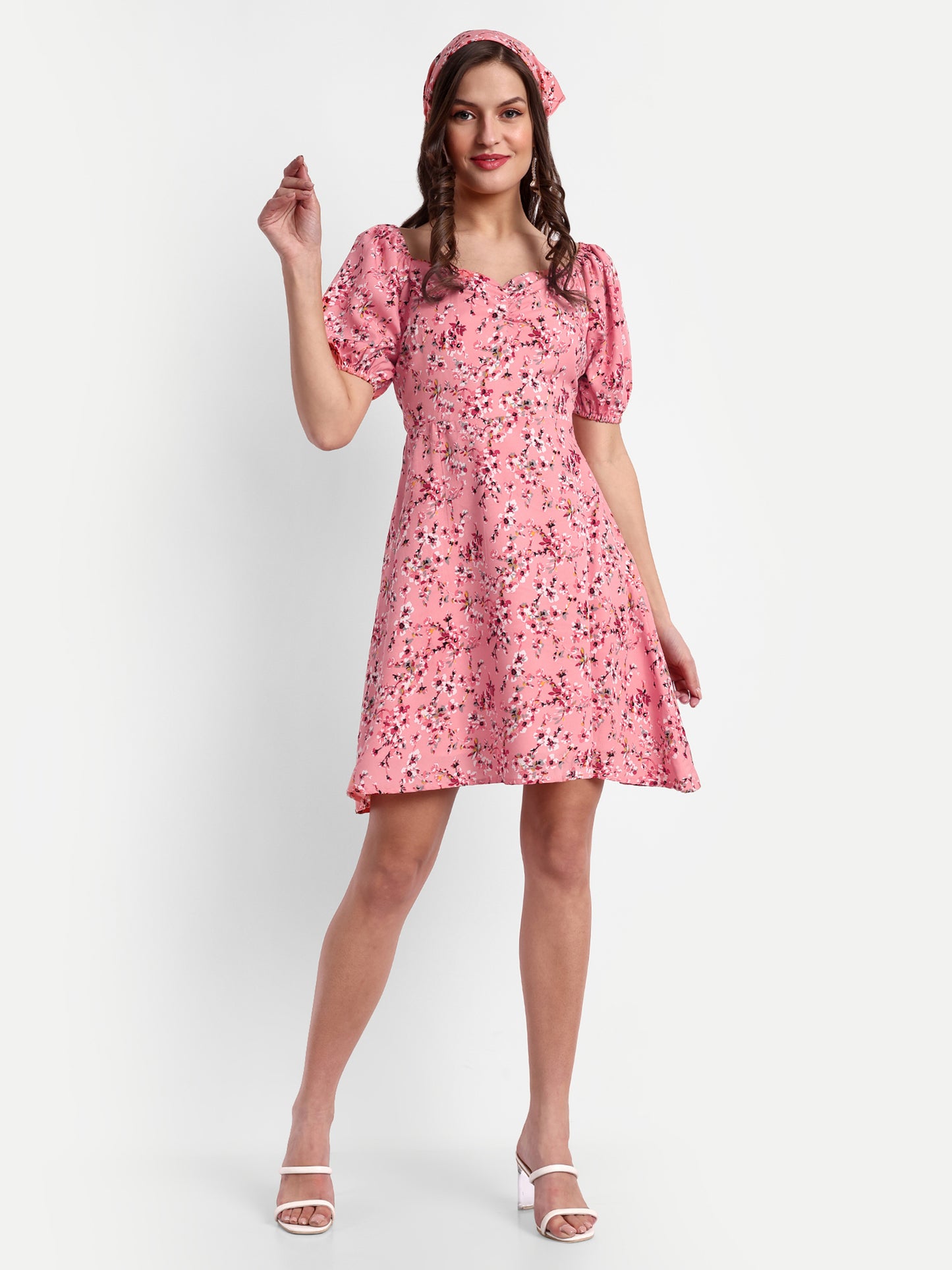 Essque Pink Floral Print Sweetheart Neck Empire Dress