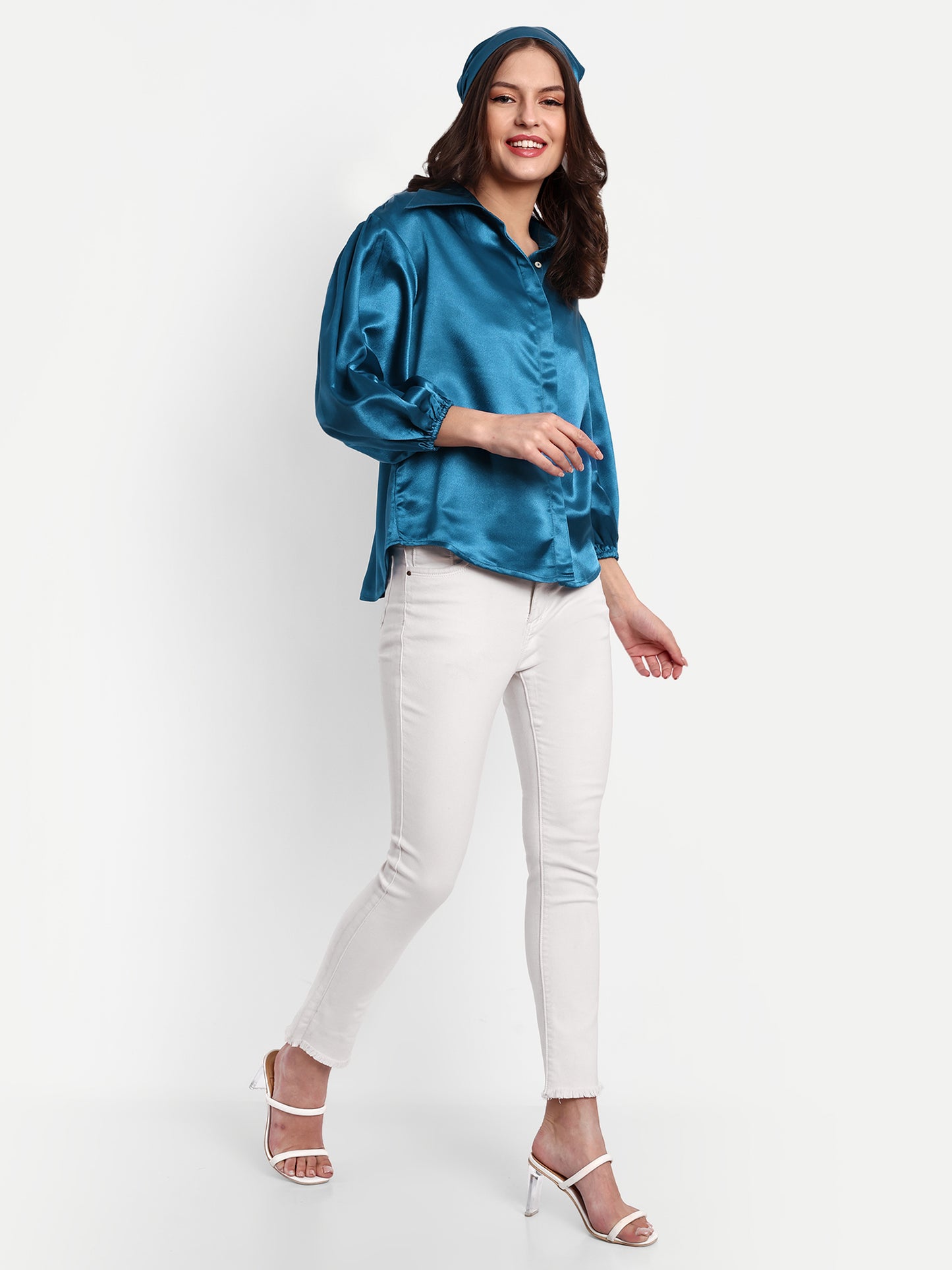 Essque Blue Solid Satin Bishop Sleeves Shirt