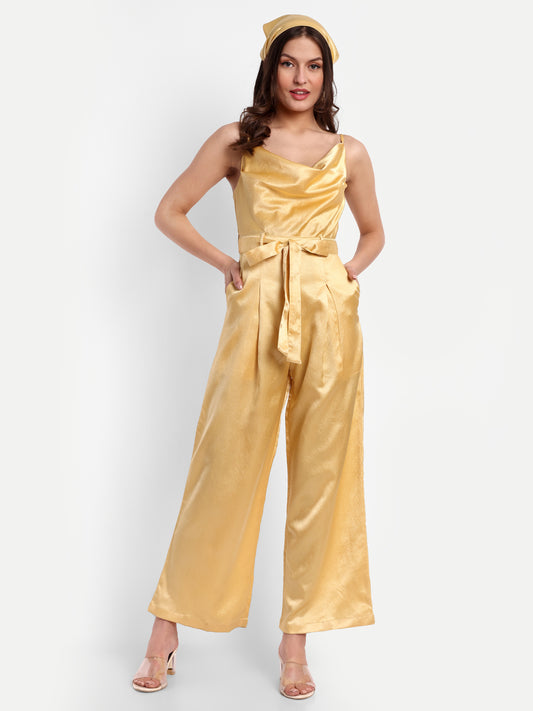 Essque Yellow Solid Satin Cowl Neck Jumpsuit