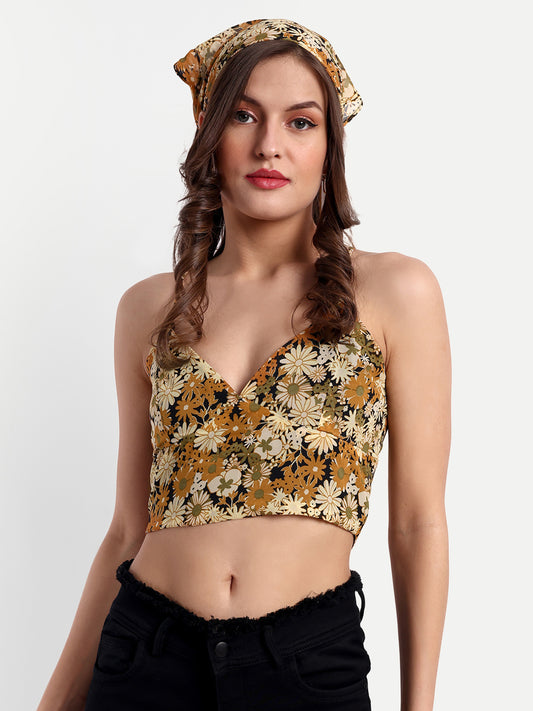 Essque Brown multi Floral print V-Neck Bralette