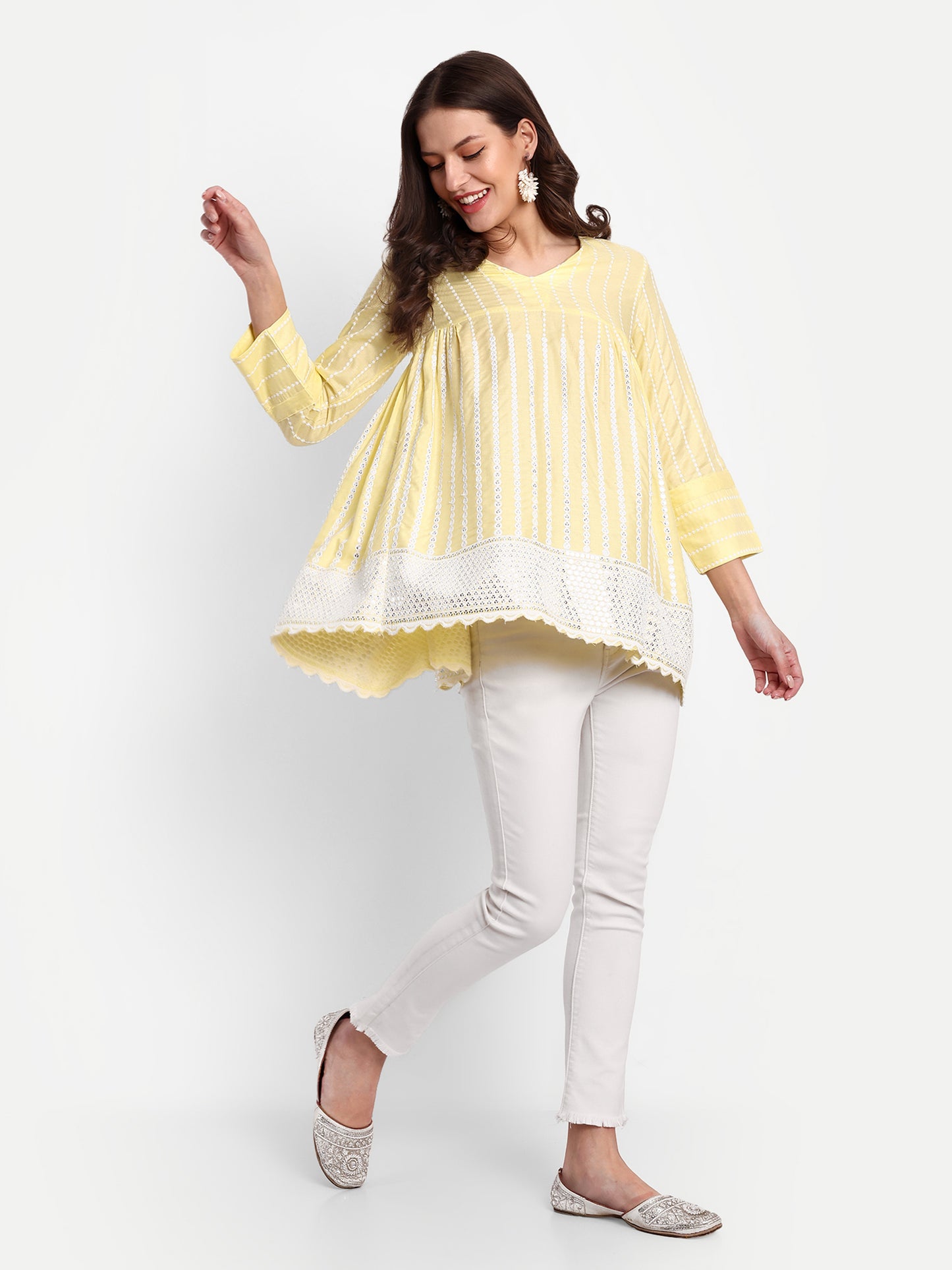 Essque Yellow Embroidered Mirror work A-Line Top