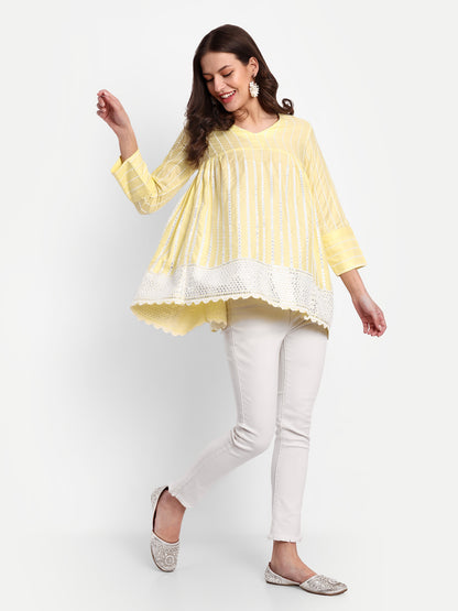 Essque Yellow Embroidered Mirror work A-Line Top