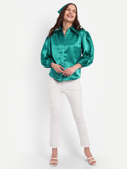 Essque Green Solid Satin Bishop Sleeves Shirt