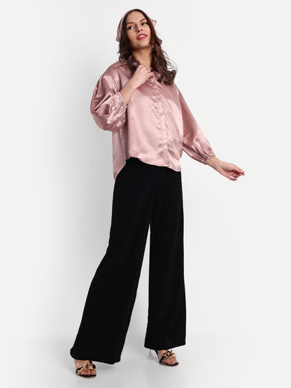 Essque Pink Solid Satin Bishop Sleeves Shirt