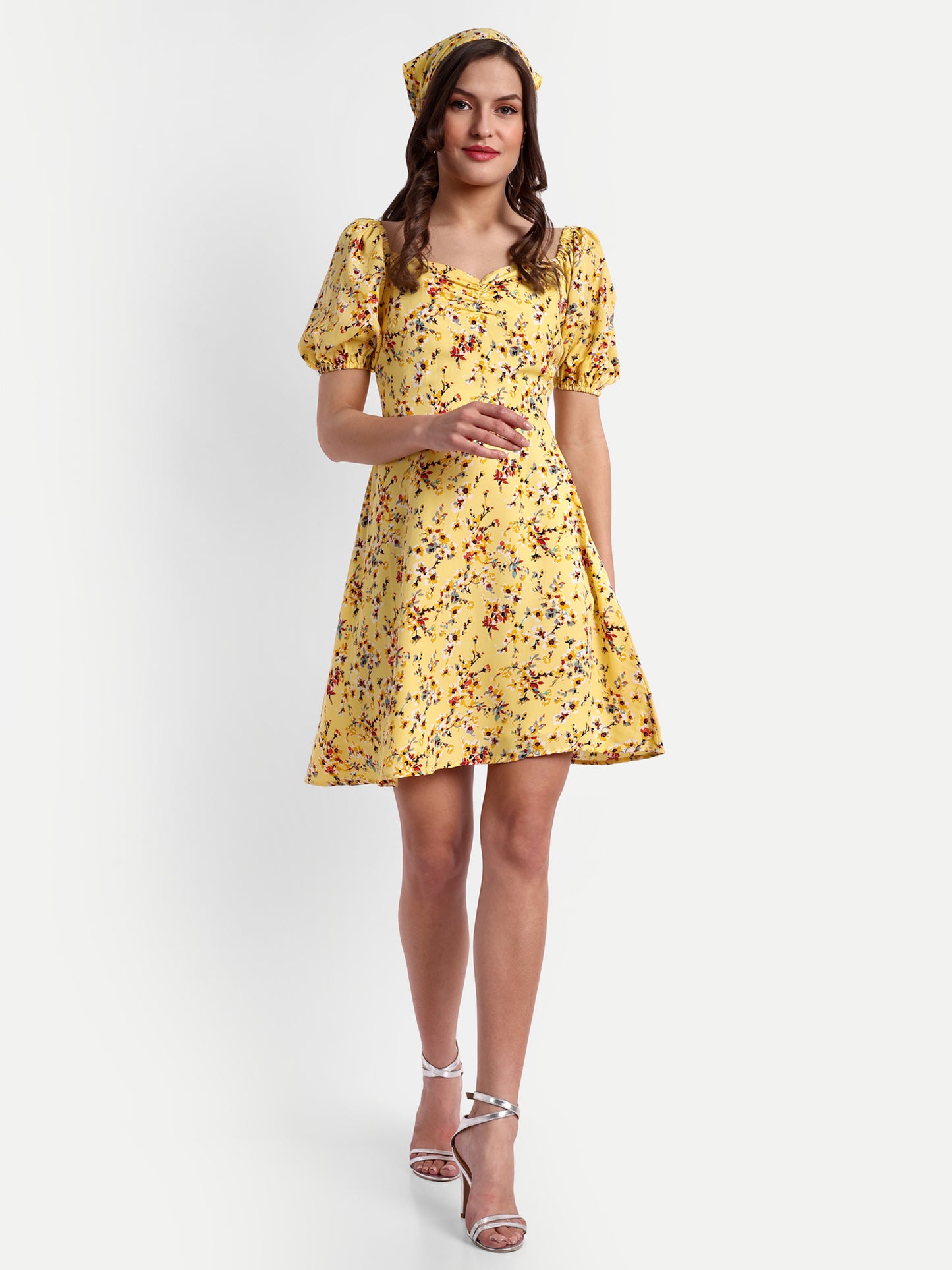 Essque Yellow Floral Print Sweetheart Neck Empire Dress