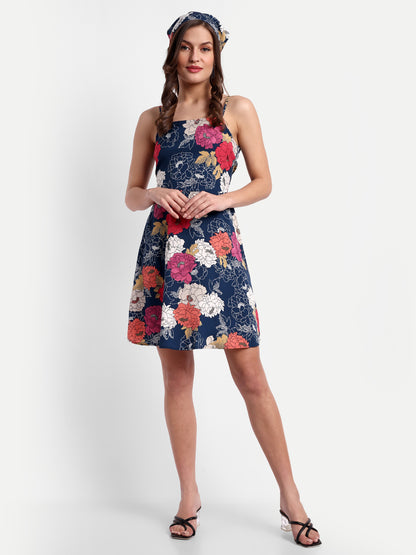 Essque Blue Multi Big Floral Print A-Line Slip Dress