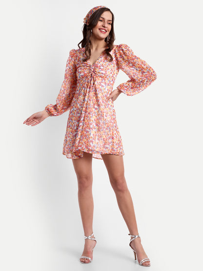 Essque Orange Floral print V-Neck bishop sleeves Dress