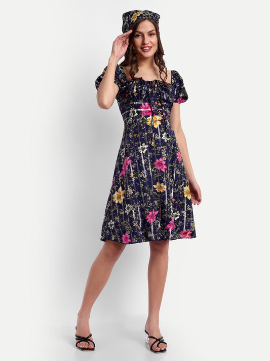 Essque Blue Lurex Floral Print A-Line Dress