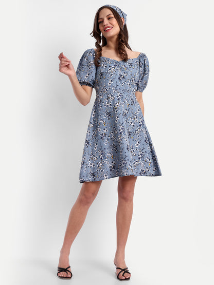 Essque Blue Floral Print Sweetheart Neck Empire Dress