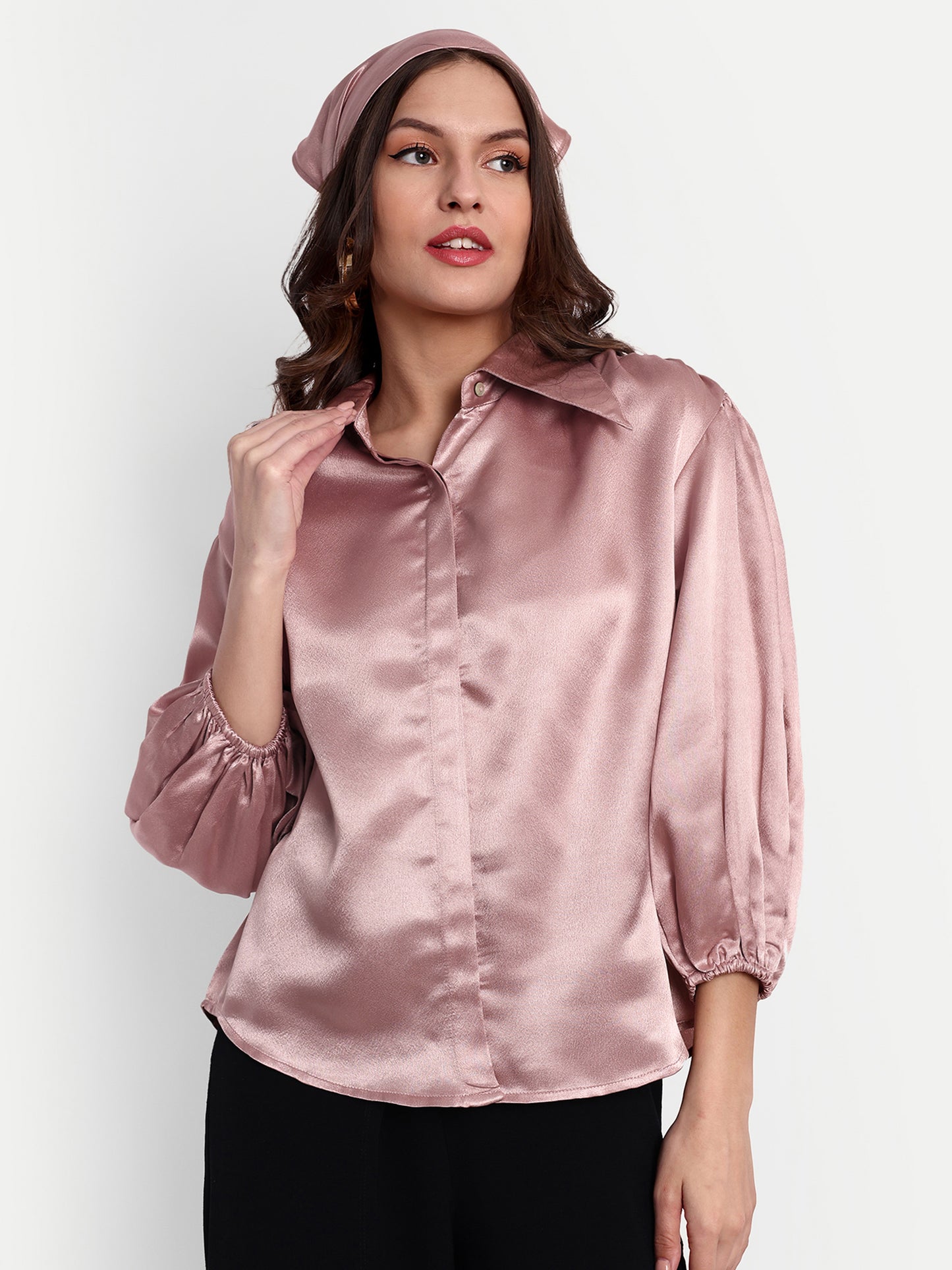 Essque Pink Solid Satin Bishop Sleeves Shirt