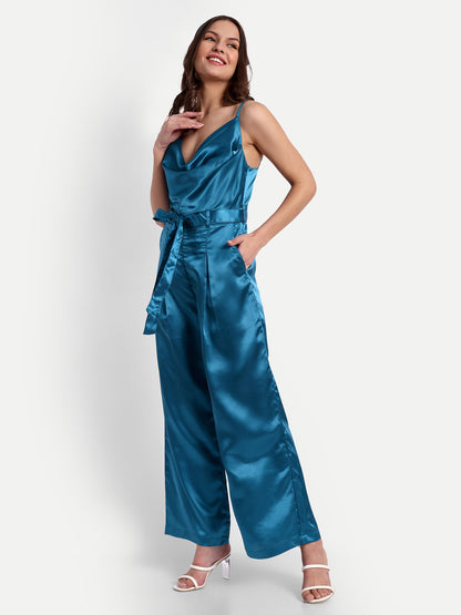 Essque Blue Solid Satin Cowl Neck Jumpsuit