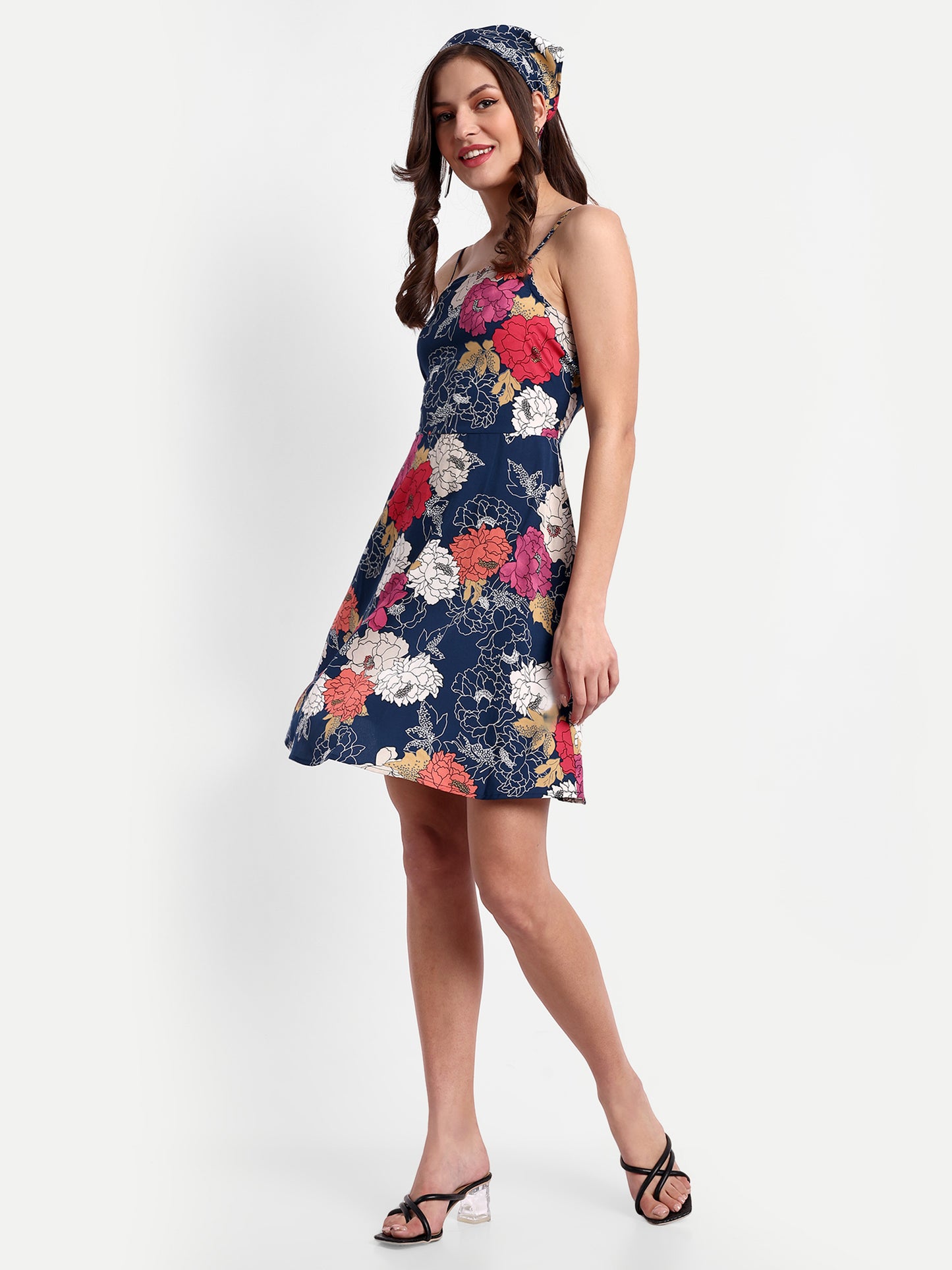 Essque Blue Multi Big Floral Print A-Line Slip Dress