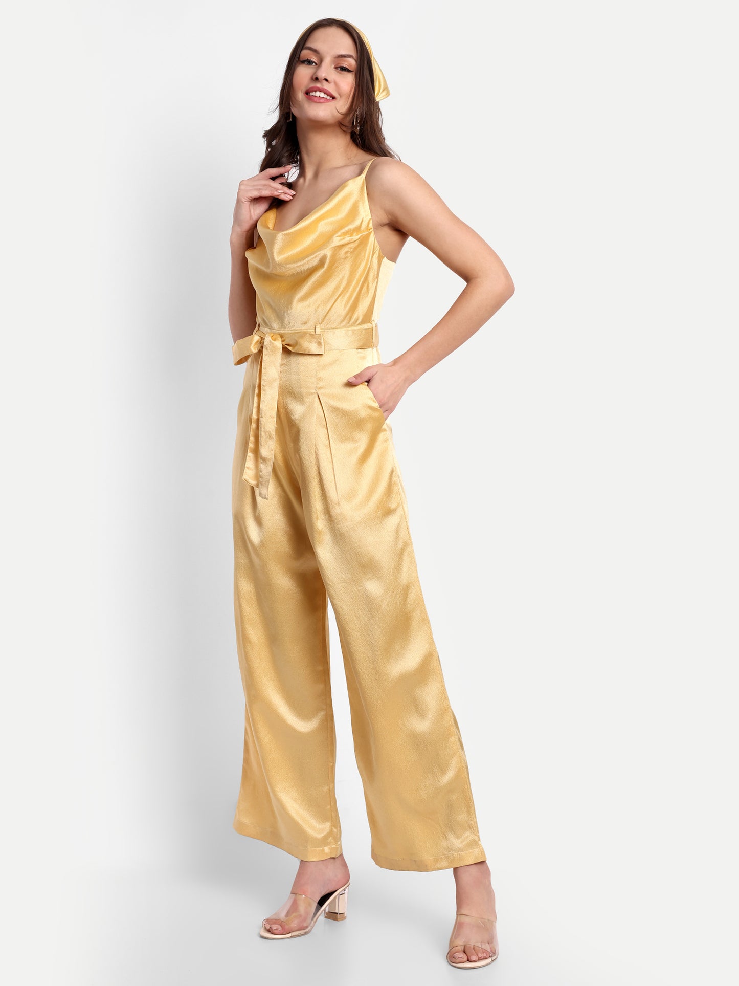 Essque Yellow Solid Satin Cowl Neck Jumpsuit