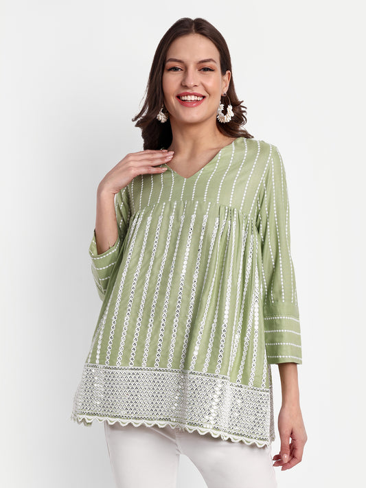 Essque Olive Green Embroidered Mirror work A-Line Top