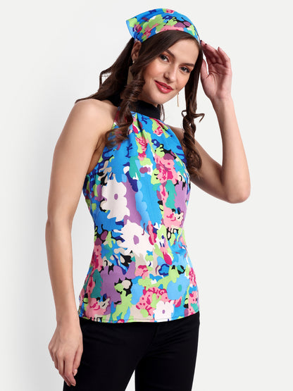 Essque Blue abstract print halter neck Top