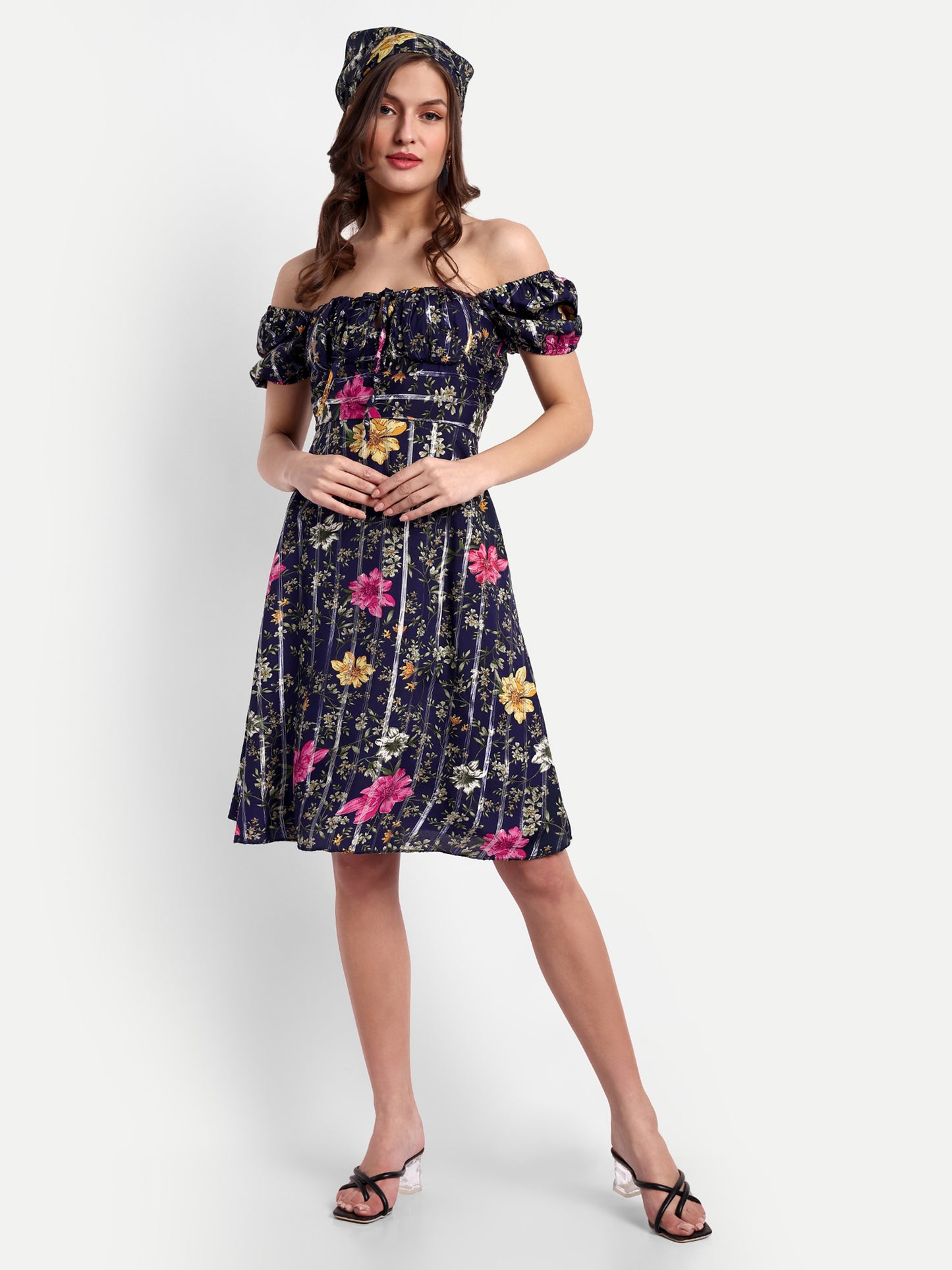 Essque Blue Lurex Floral Print A-Line Dress