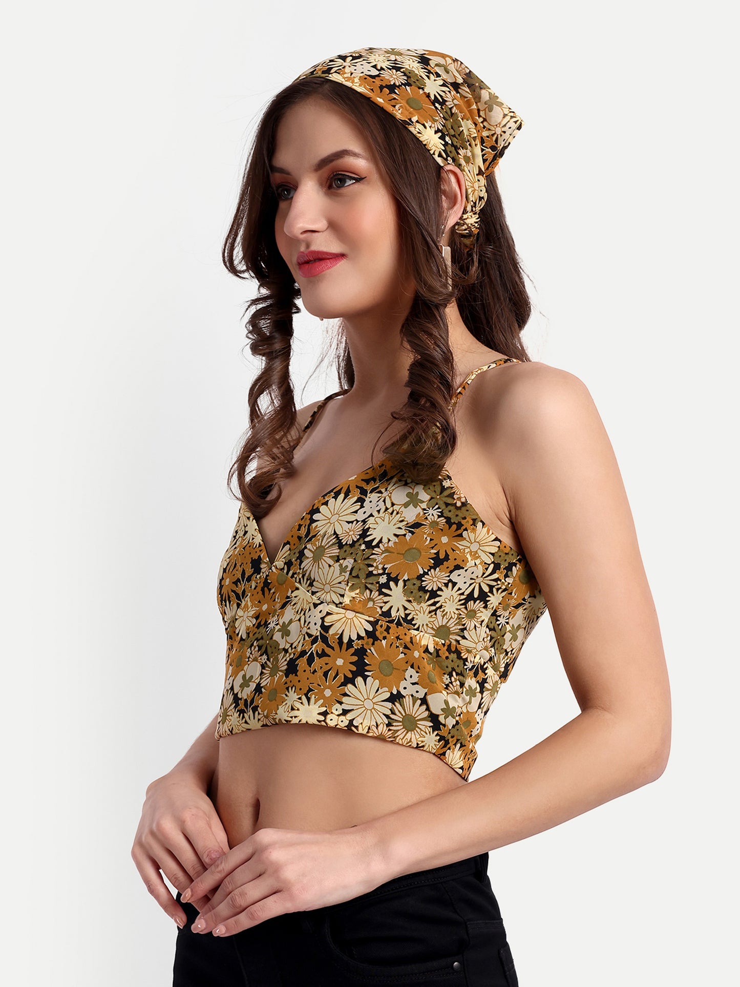 Essque Brown multi Floral print V-Neck Bralette