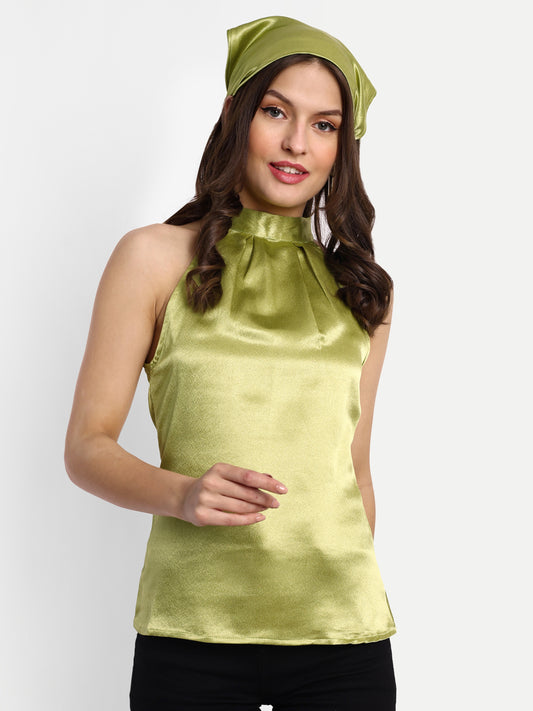 Essque Olive Green solid Satin Women Halter Neck Top