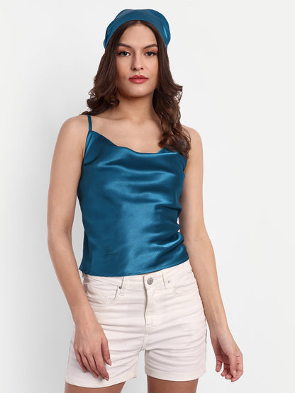 Essque Blue Solid Satin Women Cowl Neck Top