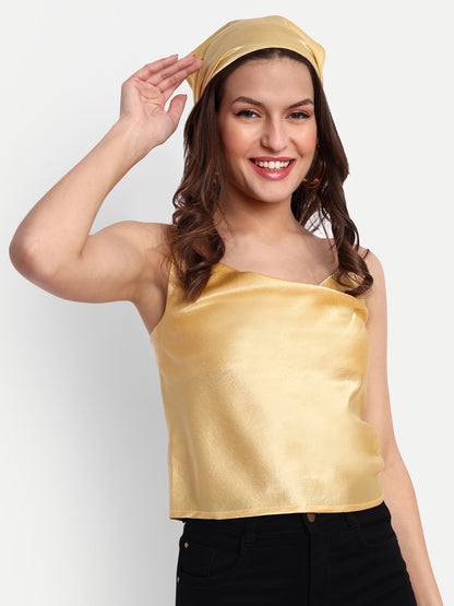 Essque Yellow Solid Satin Women Cowl Neck Top