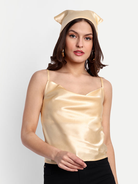 Essque Beige Solid Satin Women Cowl Neck Top