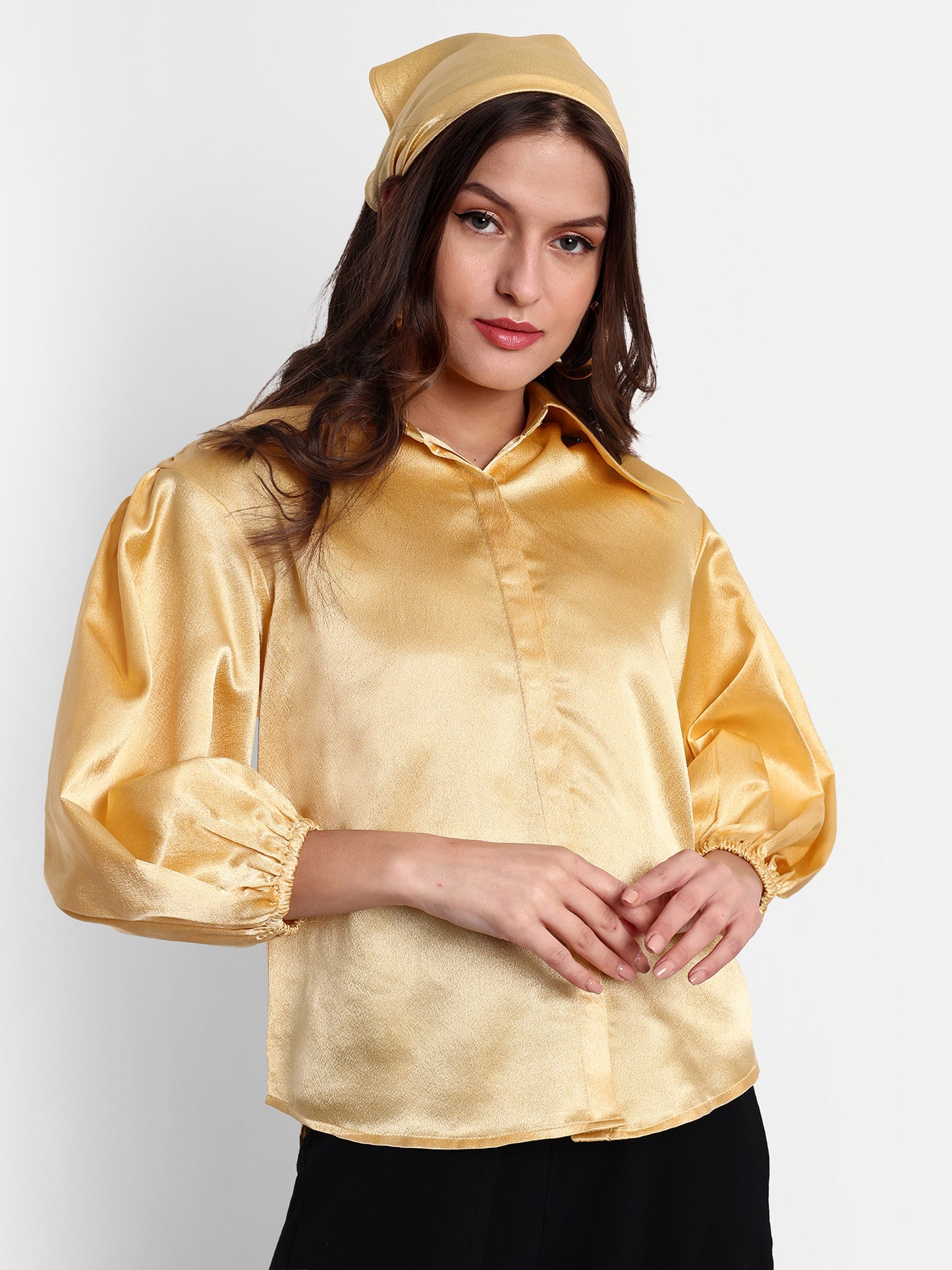 Essque Yellow Solid Satin Bishop Sleeves Shirt