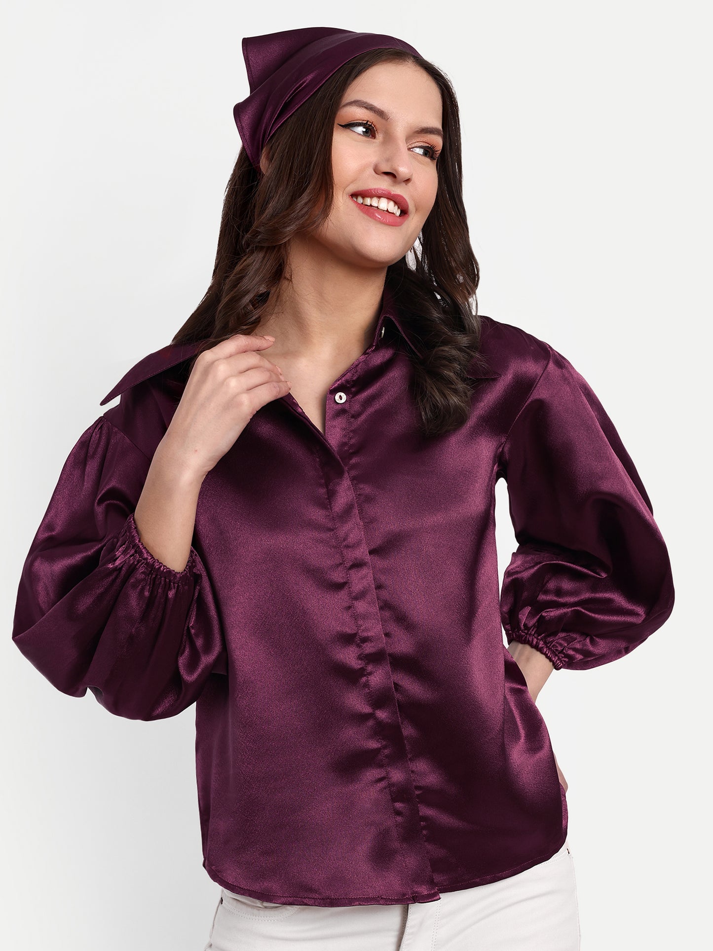 Essque Wine Solid Satin Bishop Sleeves Shirt