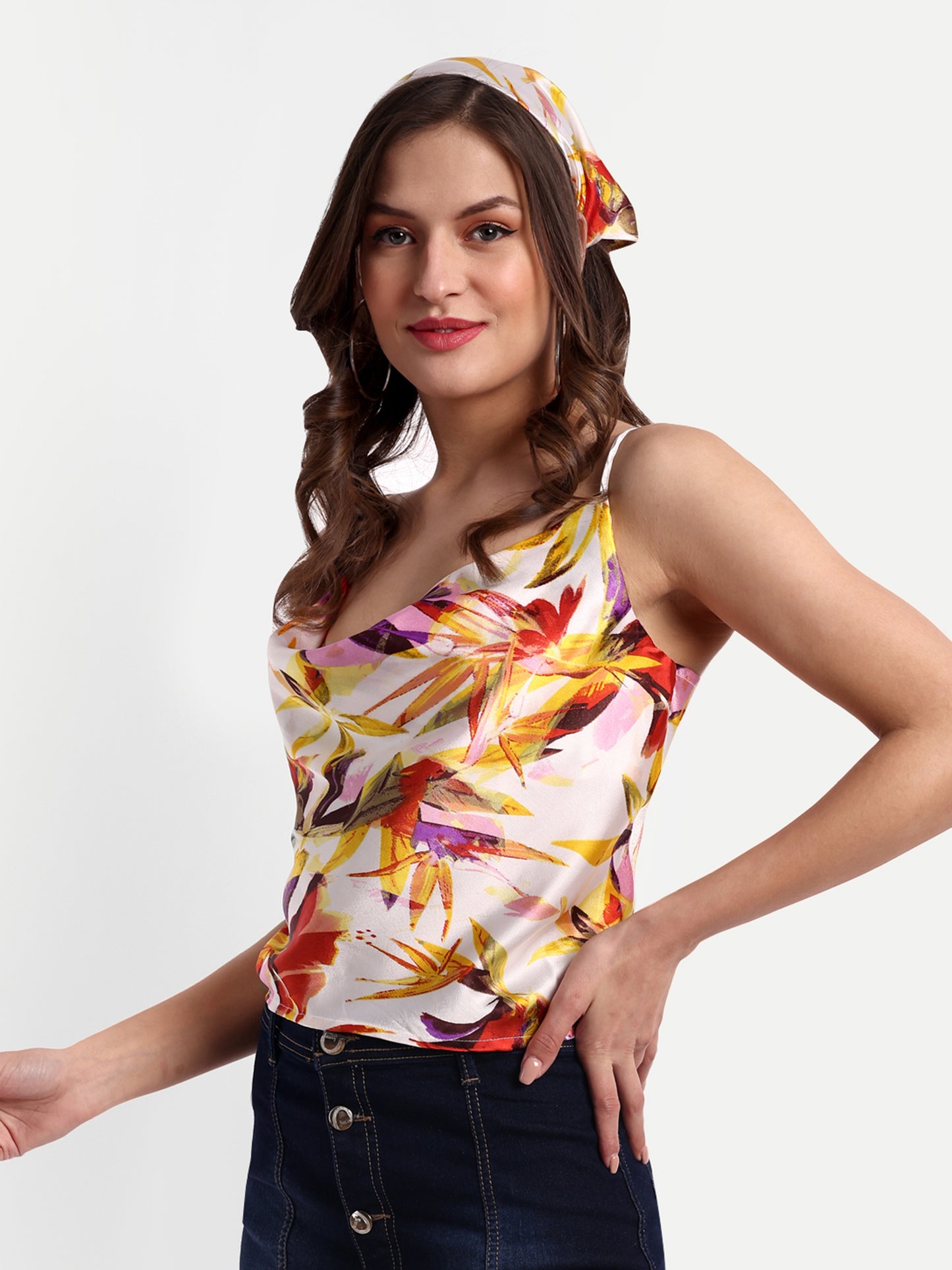 Essque Multi Printed Satin Women Cowl Neck Top