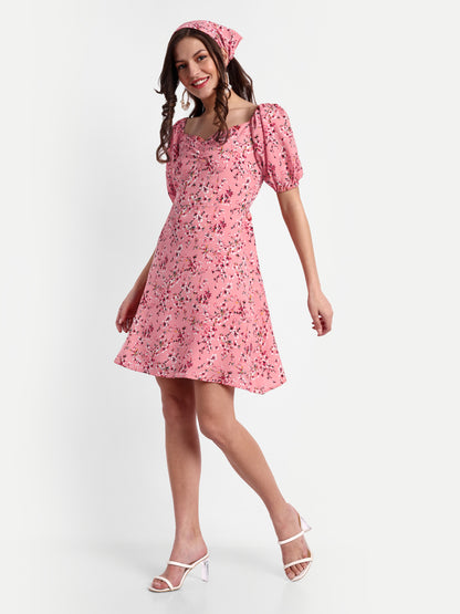 Essque Pink Floral Print Sweetheart Neck Empire Dress