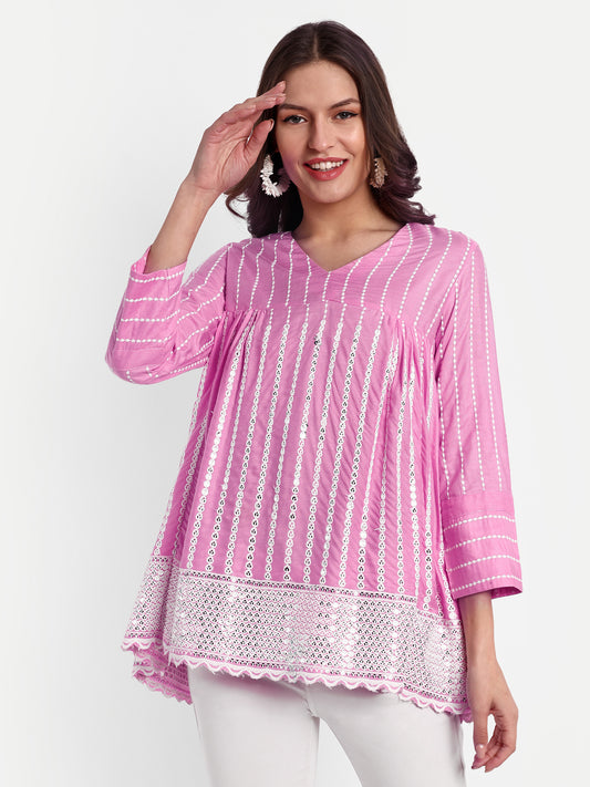 Essque Pink Embroidered Mirror work A-Line Top