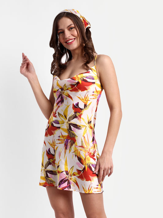 Essque Multi Satin Printed Cowl Neck Dress