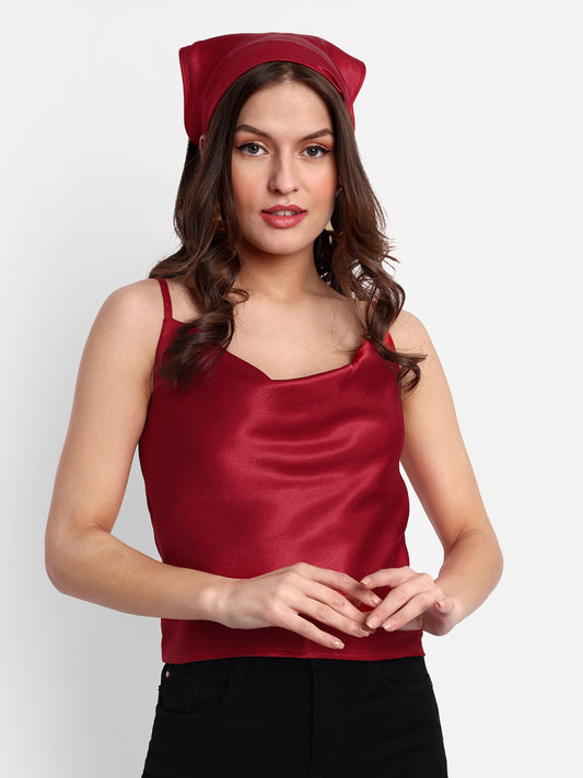 Essque Red Solid Satin Women Cowl Neck Top