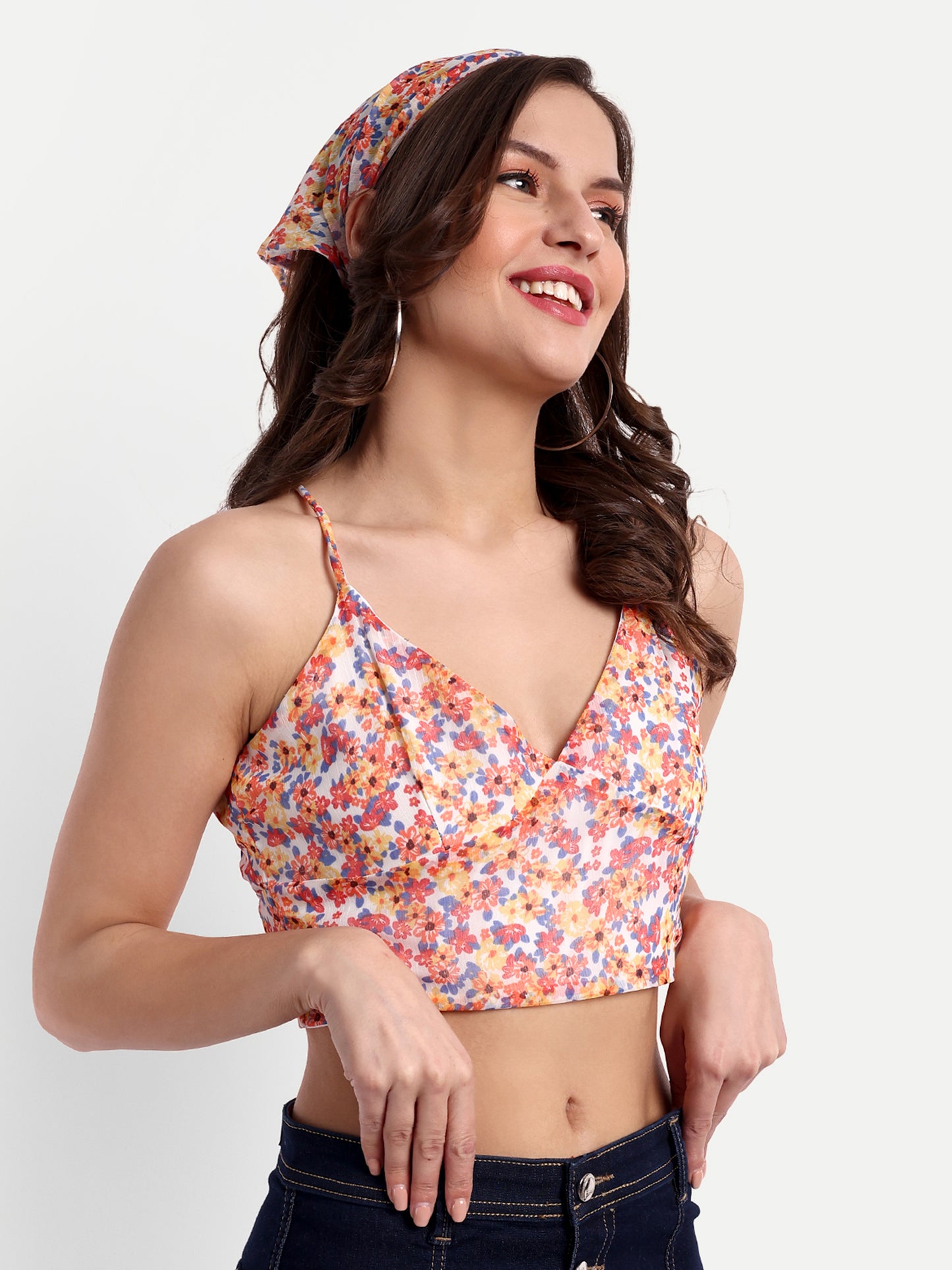 Essque Orange Floral print V-Neck Bralette