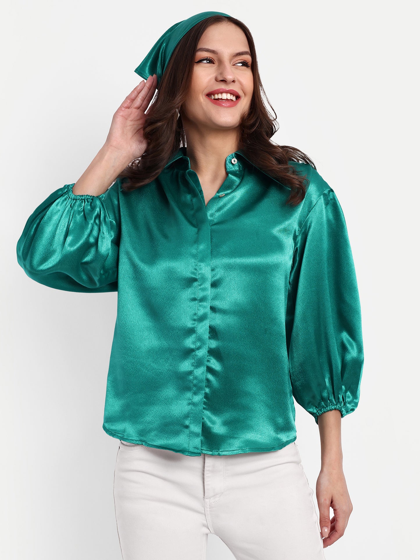 Essque Green Solid Satin Bishop Sleeves Shirt