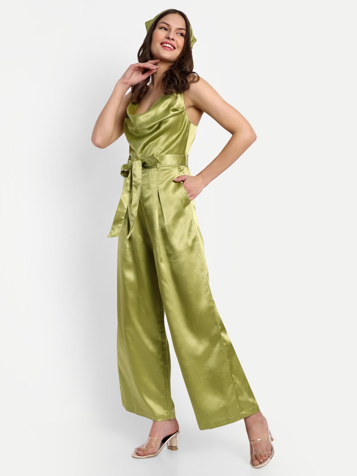 Essque Olive Green Solid Satin Cowl Neck Jumpsuit