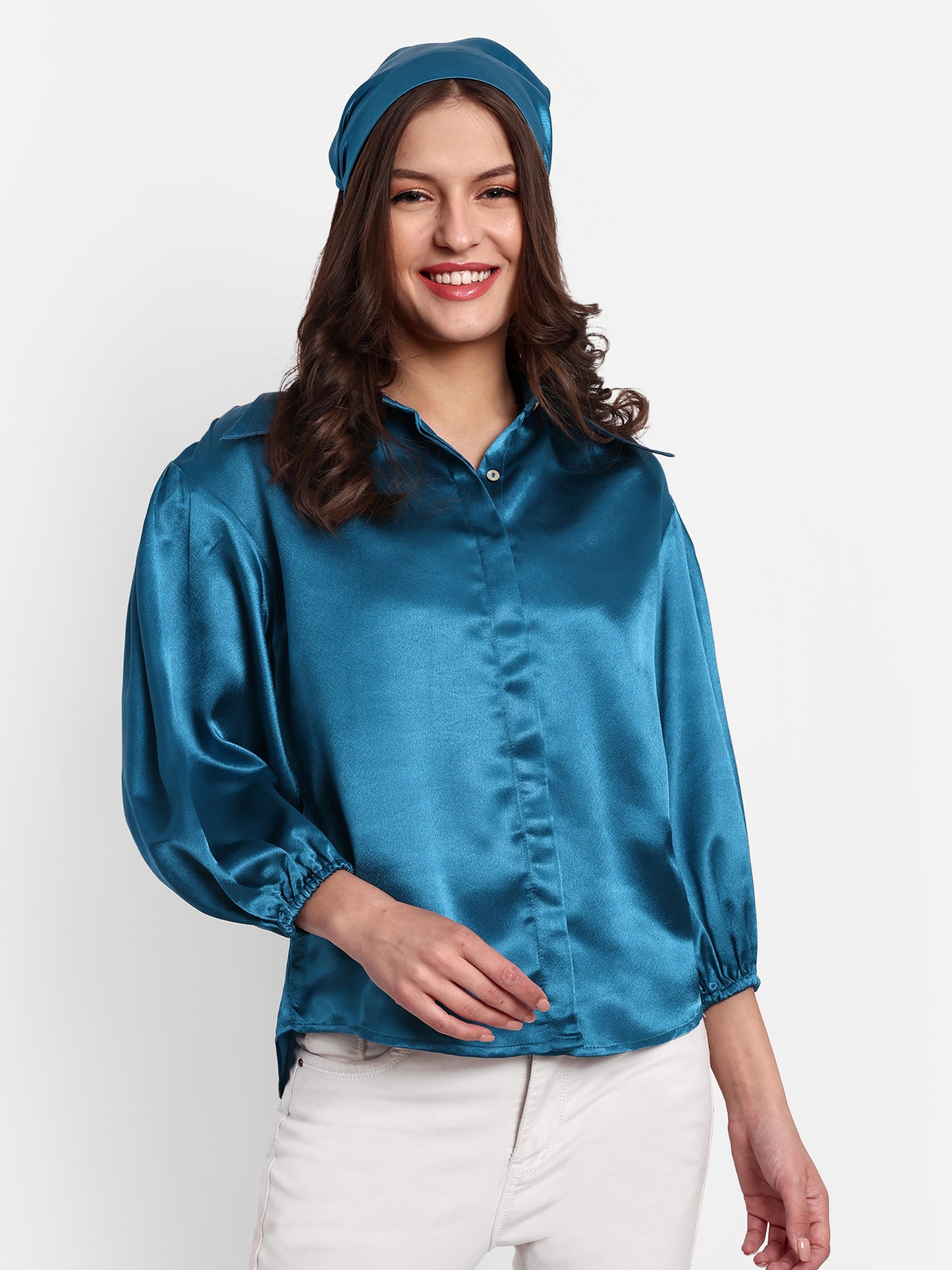 Essque Blue Solid Satin Bishop Sleeves Shirt