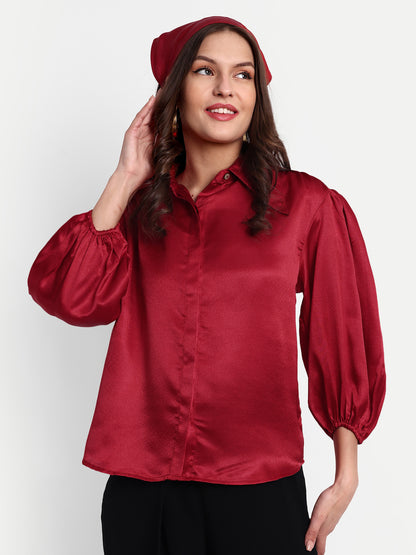 Essque Red Solid Satin Bishop Sleeves Shirt