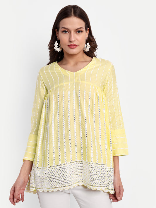 Essque Yellow Embroidered Mirror work A-Line Top