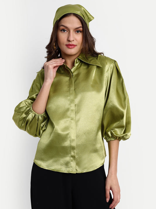 Essque Olive Green Solid Satin Bishop Sleeves Shirt