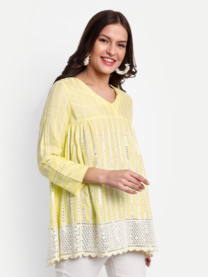 Essque Yellow Embroidered Mirror work A-Line Top