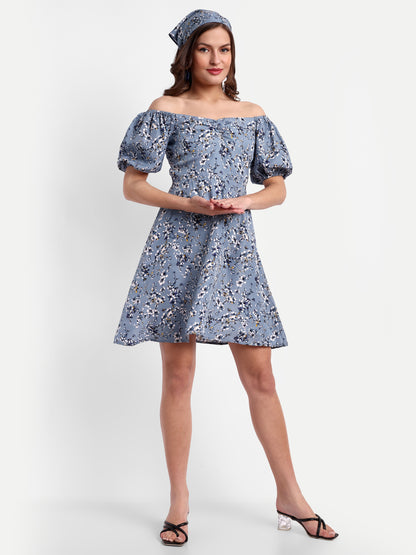 Essque Blue Floral Print Sweetheart Neck Empire Dress