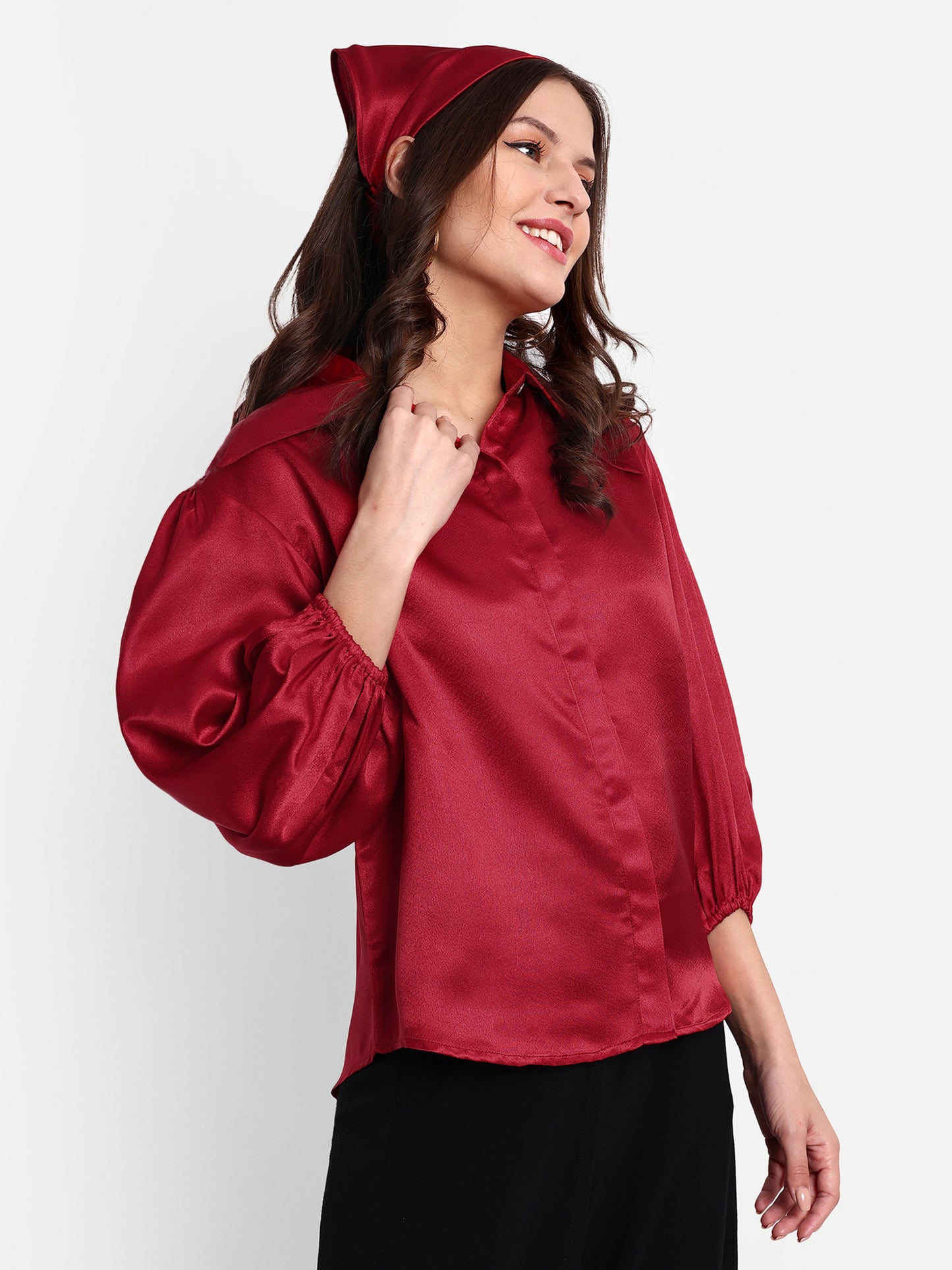 Essque Red Solid Satin Bishop Sleeves Shirt