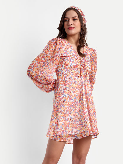 Essque Orange Floral print V-Neck bishop sleeves Dress