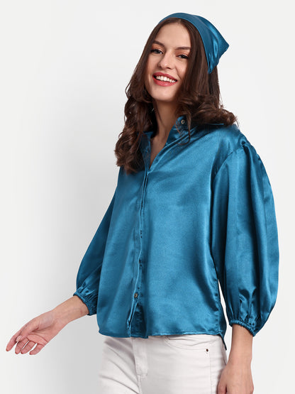 Essque Blue Solid Satin Bishop Sleeves Shirt